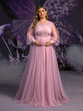 Plus Maternity  Applique Detail V Neck Lantern Sleeves Mesh Evening Dress