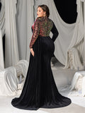 Plus Asymmetric Mermaid Gown with Velvet and Sequins, High Neck & Long Sleeves