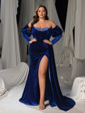 Plus Velvet Evening Gown: Off-Shoulder Mermaid Dress with Puffed Sleeves and Rhinestones