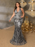Plus Elegant Halter Neck Backless Floral Sequin Mermaid Dresses