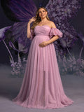 Plus Maternity Strapless Tulle Gown with Puffed Sleeves & Ruched Bodice – Elegant 1XL-5XL Pregnancy Dresses for Photoshoots