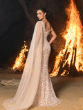 Elegant Sequin One-Shoulder Mermaid Gown with Square Neckline and Tulle Shawl