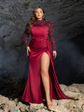 Plus High Neck Beaded Long Sleeve Gown | Side Slit & Mermaid Silhouette