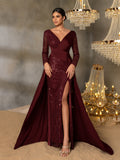 Sequin Evening Gown with Sheer Long Sleeves, Deep V-Neck & Back V-Cut | Elegant High Slit Formal Dress for Special Occasions