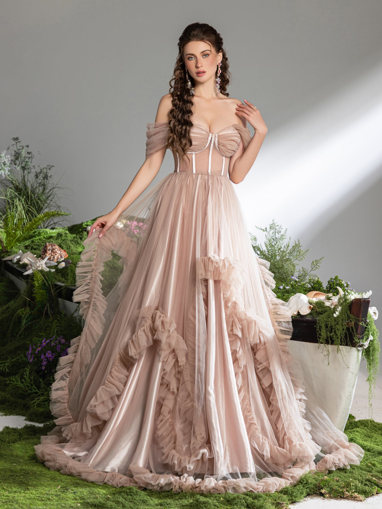 Gorgeous Off Shoulder Sheer Corset Bodice Ruffle Trim Tulle Prom Dress Elonnashop Gorgeous Off Shoulder Sheer Corset Bodice Ruffle Trim Tulle Prom Dress Elonnashop