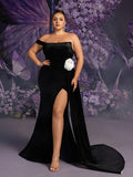 Plus Strapless Draped Side Split Mermaid Hem Velvet Evening Dress