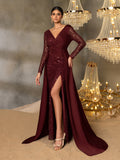 Sequin Evening Gown with Sheer Long Sleeves, Deep V-Neck & Back V-Cut | Elegant High Slit Formal Dress for Special Occasions