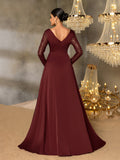 Sequin Evening Gown with Sheer Long Sleeves, Deep V-Neck & Back V-Cut | Elegant High Slit Formal Dress for Special Occasions