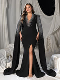 Plus Deep V-Neck Mermaid Gown with Cape Sleeves, Rhinestones & High Slit