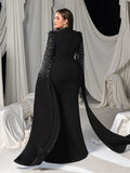 Plus Deep V-Neck Mermaid Gown with Cape Sleeves, Rhinestones & High Slit