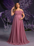 Plus Maternity  Halter Evening Gown with Draped Shoulders – Flowing Dress for Pregnancy Photoshoots & Baby Showers