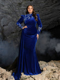 Plus Velvet High-Neck Formal Dress | Long Sleeve Beaded Evening Gown with Sweep Train