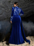 Plus Velvet High-Neck Formal Dress | Long Sleeve Beaded Evening Gown with Sweep Train