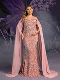 Plus Maternity Off Shoulder Cape Sleeves Mermaid Hem Sequin Formal Dress