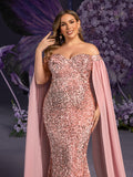 Plus Maternity Off Shoulder Cape Sleeves Mermaid Hem Sequin Formal Dress