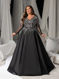 Plus Size Deep V-Neck Sequin Illusion Evening Gown - Satin Formal Dress with Long Sleeves & A-Line Skirt