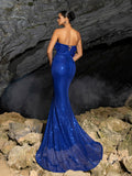 Elegant Feather Accent Strapless Mermaid Gown with Lace-Up Back