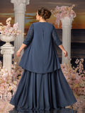 Plus Womens' Lace & Chiffon Mother-of-the-Bride Dress: Flowing Beach Wedding Gown with Mid-Sleeve Detailing & Dramatic Skirt