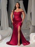 Plus Burgundy Off-Shoulder Evening Gown with Sultry Side Slit – Dress for High-End Fashion Shows or Red Carpet Moments, 1XL-5XL