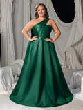 Plus One-Shoulder Satin Gown with Pleated Shoulders, Crisscross Back Straps & Floor-Length Skirt