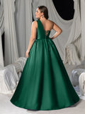 Plus One-Shoulder Satin Gown with Pleated Shoulders, Crisscross Back Straps & Floor-Length Skirt