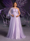 Plus Maternity Applique Details One Shoulder Tulle Evening Dress