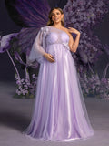 Plus Maternity Applique Details One Shoulder Tulle Evening Dress