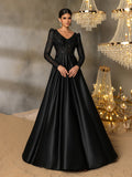 Elegant V Neck Lace Bodice Satin A-line Prom Dress