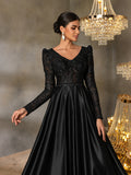 Elegant V Neck Lace Bodice Satin A-line Prom Dress
