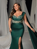 Plus Size One-Shoulder Sequin Bodice Formal Dress with Corset Back & Train