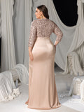 Plus Sequined V-Neck Mermaid Gown with Ruffled Satin Skirt & High Slit