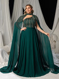 Plus High Neck Chiffon Gown with Detachable Cape | Asymmetrical Cutout & Beaded Embroidery