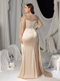 Plus High Slit Mermaid Hem Satin Evening Dress with Sequinl Accents