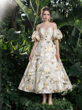 Midi Floral Jacquard Off-Shoulder Gown – Elegant Dress for Garden Galas, Spring Weddings & Formal Events