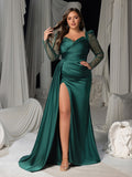 Plus Elegant Satin Sweetheart Neck Evening Gown with Sequined Long Sleeves and High Slit