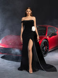 Elegant Strapless Draped Side Split Mermaid Hem Velvet Evening Dress