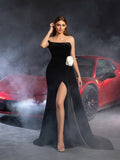 Elegant Strapless Draped Side Split Mermaid Hem Velvet Evening Dress