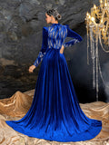 Elegant Velvet High-Neck Formal Dress | Long Sleeve Beaded Evening Gown with Sweep Train