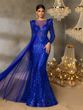 Gorgeous Graphic Sequin Sheer Overlay Mermaid Hem Evening Dress