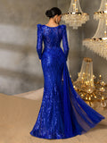 Gorgeous Graphic Sequin Sheer Overlay Mermaid Hem Evening Dress