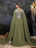Elegant Cape Sleeve Evening Gown with Beaded Floral Embroidered Bodice & Flowing Train