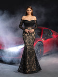 Gorgeous Off Shoulder Sheer Sleeves Mermaid Hem Lace Evening Dress