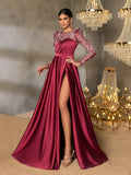 Elegant Women's Sequin Bodice Formal Gown | Long Sleeves | Full Flared Skirt