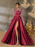 Elegant Women's Sequin Bodice Formal Gown | Long Sleeves | Full Flared Skirt