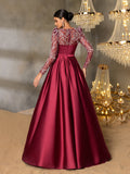 Elegant Women's Sequin Bodice Formal Gown | Long Sleeves | Full Flared Skirt
