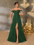Glitter Off Shoulder A Line Split Thigh Evening Dress