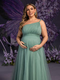 Plus Maternity  Solid One Shoulder Sleeveless Mesh Party Dress