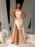 Elegant Satin Strapless Evening Gown with Lace Appliqué | High Slit & Sweep Train