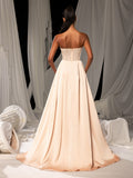 Elegant Satin Strapless Evening Gown with Lace Appliqué | High Slit & Sweep Train