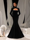 Elegant Velvet High-Neck Mermaid Gown with Chest Cutout, Rhinestone Accents & Floor-Length Train